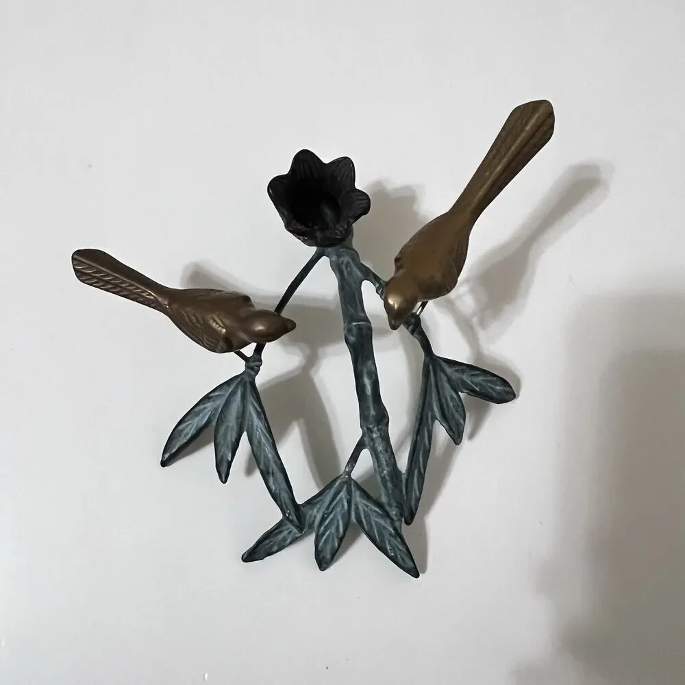 Andrea by Sadek Brass Birds on Bamboo Candle Holder Figurine